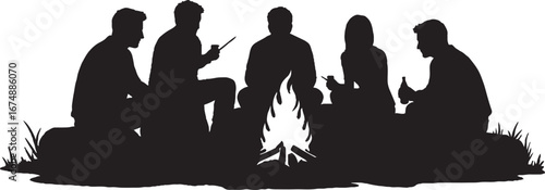 People Around Campfire Bonfire Silhouette Vector Graphic Illustration