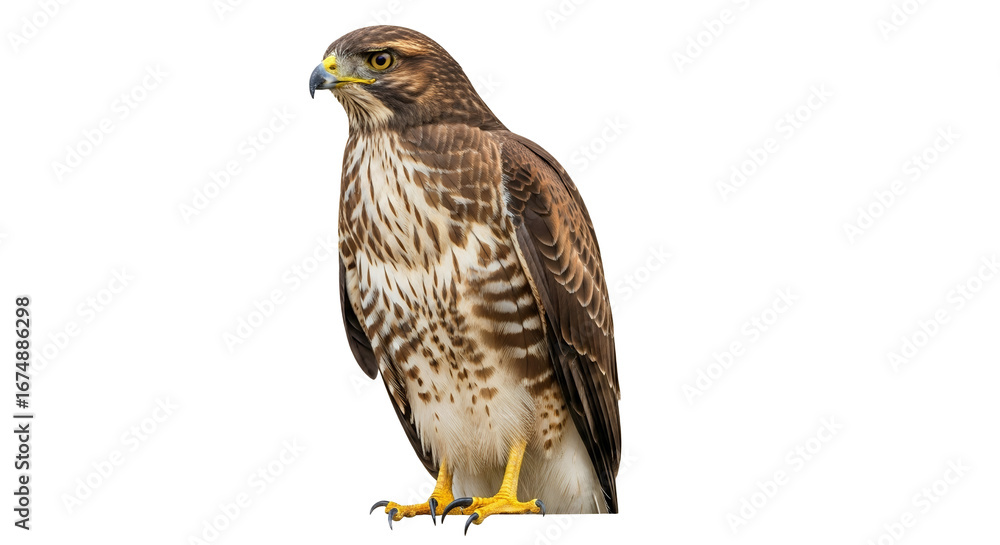 Fototapeta premium Majestic Hawk on White Background: Captivating Portrait of a Bird of Prey in Sharp Detail Standing Tall for Visual Projects