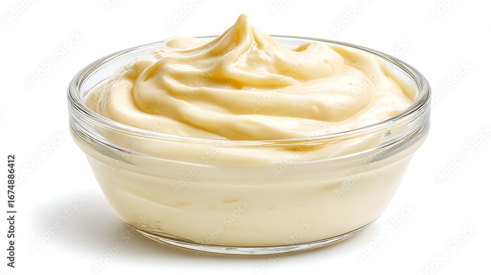 Creamy Yellow Mayonnaise in a Glass Bowl Isolated on White Background Studio Shot Creamy Yellow Mayonnaise in a Glass Bowl Isolated on White Background Studio Shot