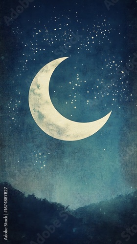 Wallpaper Mural Crescent Moon with Starry Sky in Blue Night, Fantasy Crescent Moon with Stars Torontodigital.ca