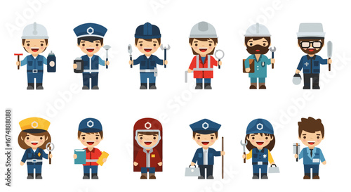 Cartoon style illustrations of diverse professions in uniform with various tools