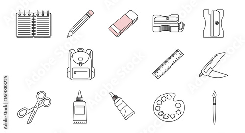 Collection of school and art supplies including backpack, paint and writing tools