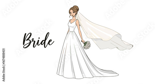 Illustration of a beautiful bride in a white gown holding a flower bouquet