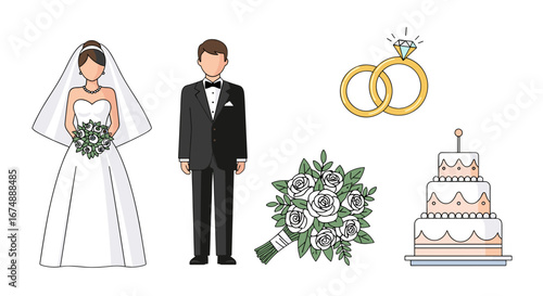 Illustration of a bride and groom with wedding cake rings and flower bouquet