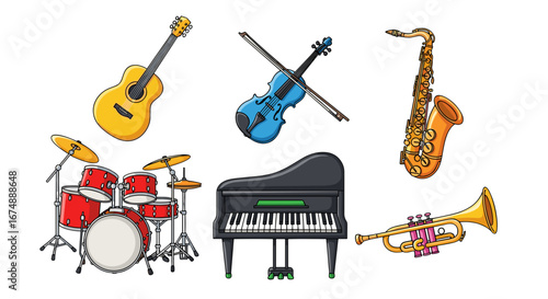 Illustration of various musical instruments including piano drums guitar and more
