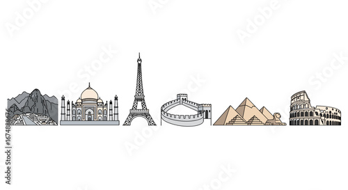 Landmarks of the world including eiffel tower and the great wall of china line art