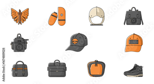 Collection of various items including backpacks hats and a pair of shin guards