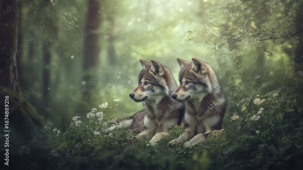 Obraz premium Two wolf pups in dreamy forest setting
