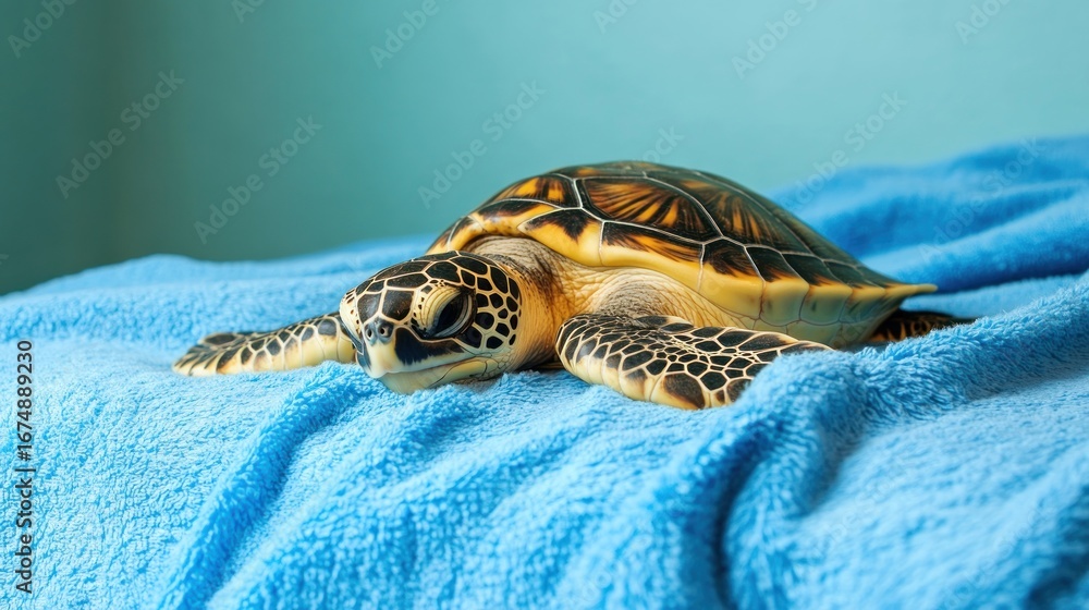 Obraz premium Sea turtle resting on a soft blue blanket