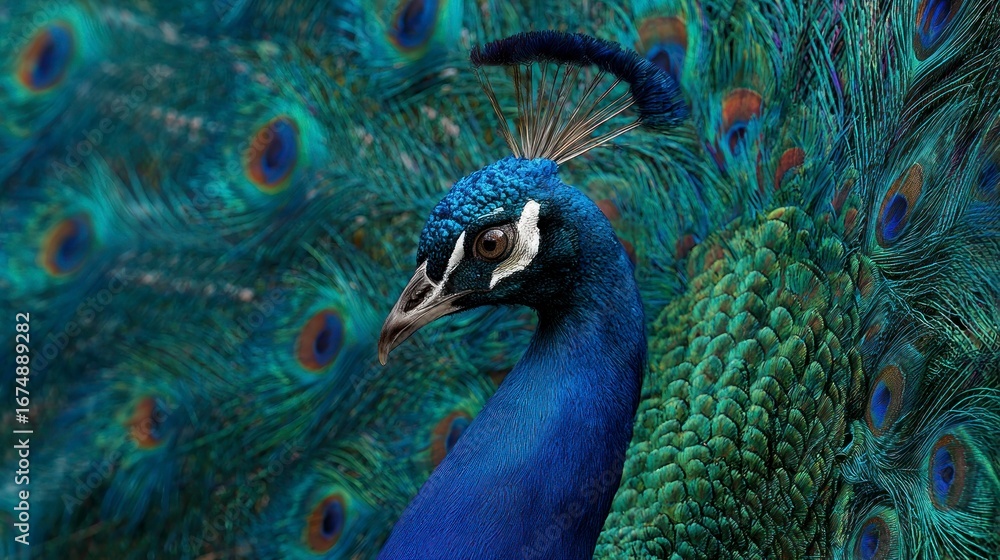 Obraz premium Peacock displaying iridescent feathers