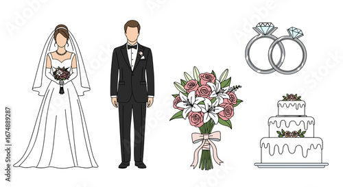 Illustration of a bride and groom with wedding elements on a white background