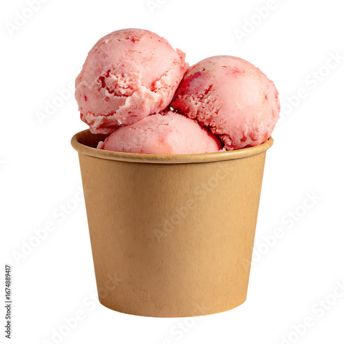 Three scoops of strawberry ice cream in a brown paper cup isolated on transparent background.