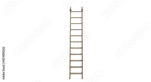 Isolated vintage ladder extending upward on a clean white background, evoking themes of potential and rustic simplicity, aged and worn for design