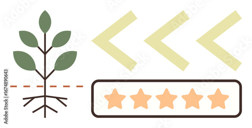 Green-leafed plant with roots, dotted soil line, yellow progress arrows, and five-star rating. Ideal for growth, sustainability, progress, evaluation success development self-improvement. Simple