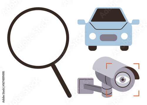 Magnifying glass, car, and CCTV camera symbolize investigation, security, and surveillance. Ideal for security, law, technology monitoring investigation crime prevention privacy. Simple flat