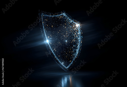 Glowing shield protects data with digital particles in dark cyberspace, representing cybersecurity and data protection in a futuristic style.
