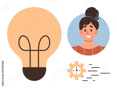 Lightbulb representing ideas, woman smiling in circular frame, gear with clock suggesting time management. Ideal for innovation, productivity, teamwork, work-life balance, efficiency, creativity