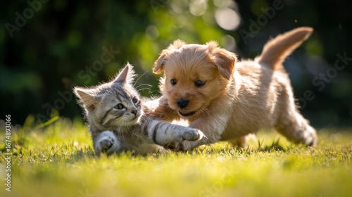 Playful kitten and puppy outdoors