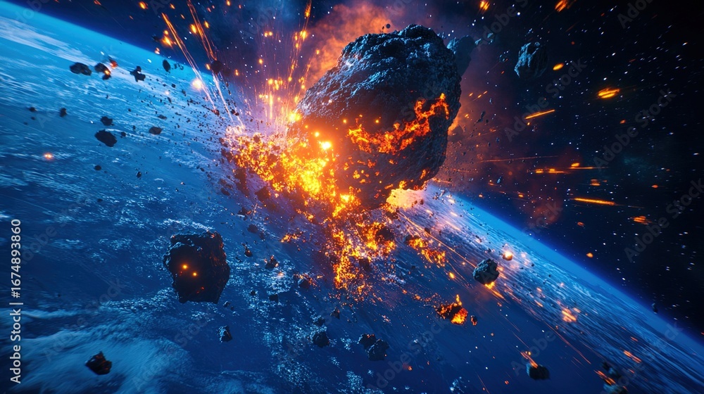 Obraz premium Planet Explosion with Asteroids Surrounding in Space Cosmic Disaster Visual Effects Material