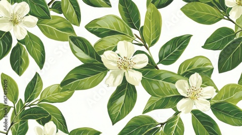 Seamless pattern of white flowers and green leaves.