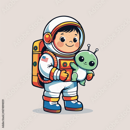 A cheerful astronaut with a big smile, gently cradling a tiny, adorable baby alien with big eyes and colorful spots, surrounded by twinkling stars and playful space critters.