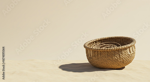 Minimalist composition featuring a solitary handcrafted woven basket in warm, natural light creating a distinct shadow on a neutral surface