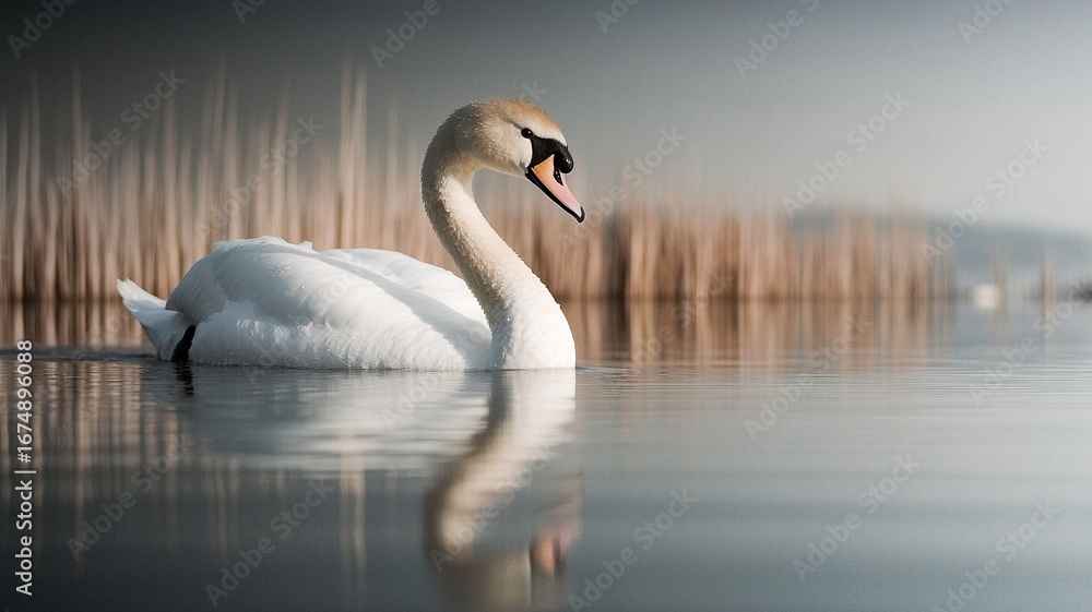 Obraz premium Elegant Swan Reflection on Lake Nature Wildlife Decorative Background