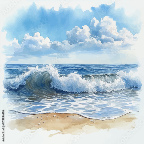 Ocean Waves Crashing Shore, watercolor clipart vector, isolated on a white background.