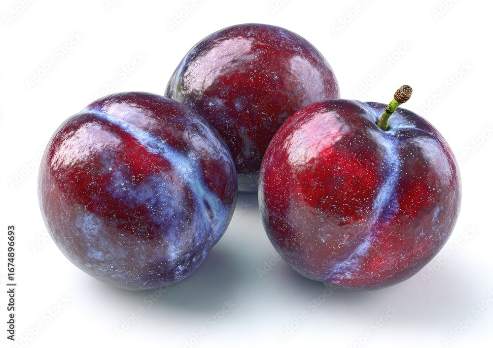 Obraz premium Three plump, glossy plums, deep red-purple hues, light blue streaks, atop a white background