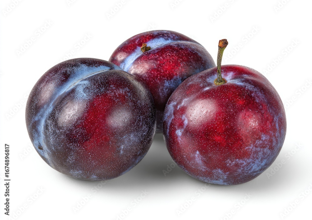 Obraz premium Three plums clustered, deep red-purple hue, light blue-purple highlights, stems intact, isolated white background