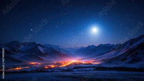 Glowing mountain village under a starry night sky with a full moon