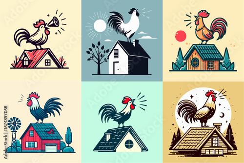 vector illustration set of crowing roosters
