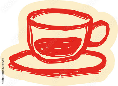 Espresso cup and saucer sticker with a vintage doodle look. Hand drawn retro illustration of a small coffee cup for cafe menus.
