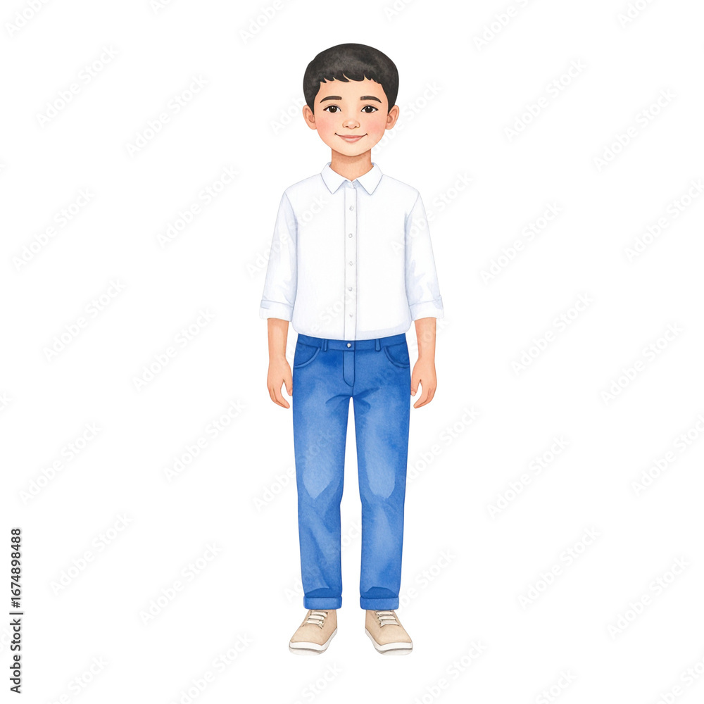 Fototapeta premium Watercolor Illustration of a Smiling Boy in White Shirt and Blue Jeans.