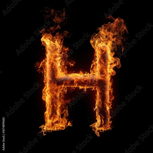Letter H in Flames on Black Background – Realistic Fire Typography