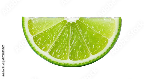 Bright green lime wedge, translucent and juicy, against a black background
