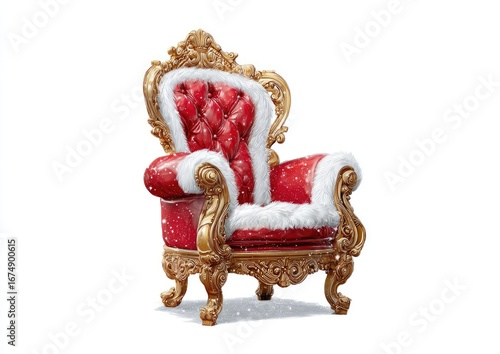Ornate, red armchair with gold details, snow-dusted, and white fur trim