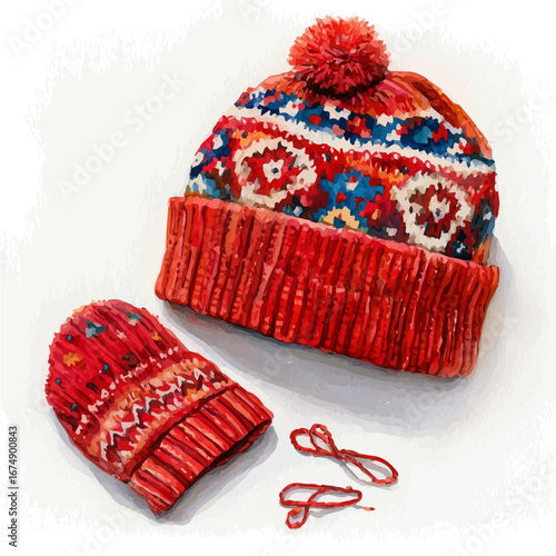 Mittens And Wool Hat, watercolor drawing vector, isolated on a white background.