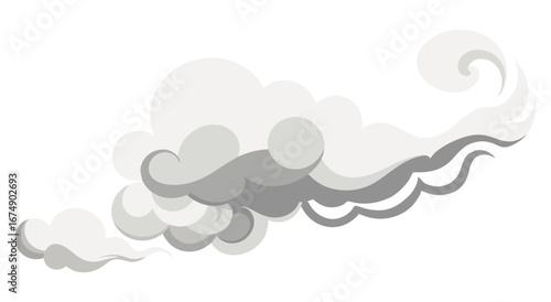 Abstract cloud or smoke element flowing horizontally with swirls and varying shades of grey. A stylized vector graphic for weather, pollution, scent, mystery, or steam and movement themed designs.