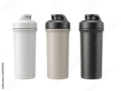 Wallpaper Mural Three protein shakers in white, beige, and black isolated on transparent background. Torontodigital.ca