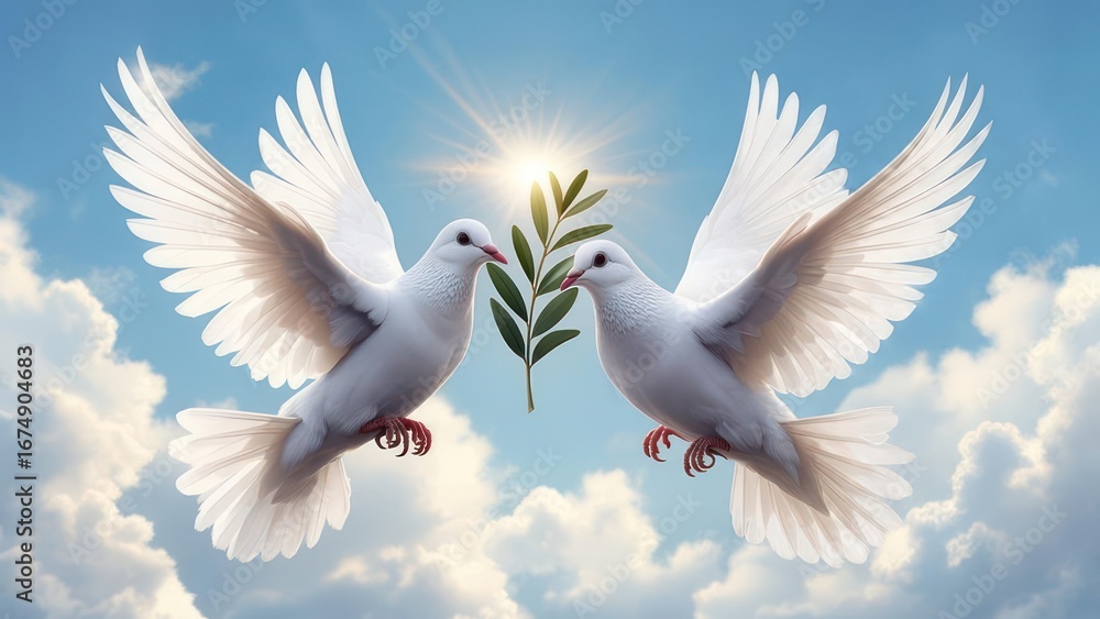 Obraz premium Two White Doves of Peace with Olive Branch, Soaring in Sunlight Sky