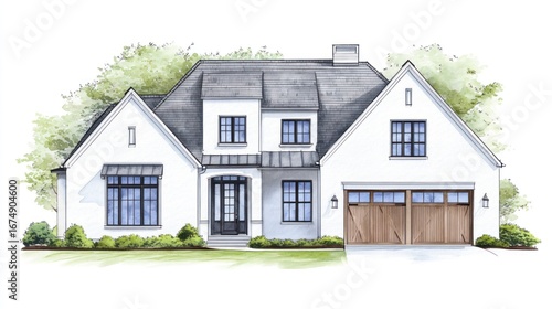 Modern suburban house watercolor painting