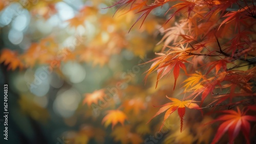 Crimson and Gold Japanese Maple Leaves Glowing Against a Cool, Soft-Focus Background
