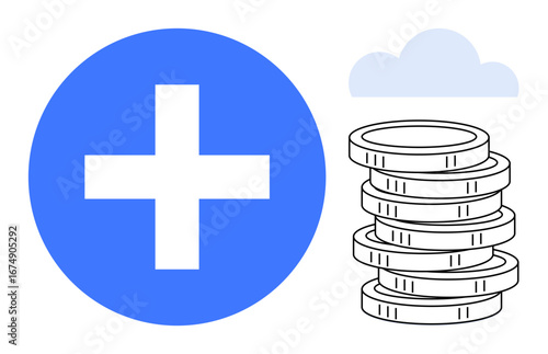 Blue cross, stacked coins, and cloud in minimalist style. Ideal for health, finance, savings, investment, insurance healthcare economic growth themes. Simple flat metaphor