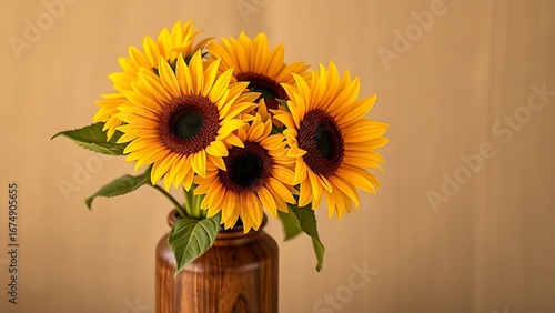 A vibrant sunflower arrangement in a wooden vase, radiating warmth and rustic charm under golden light.