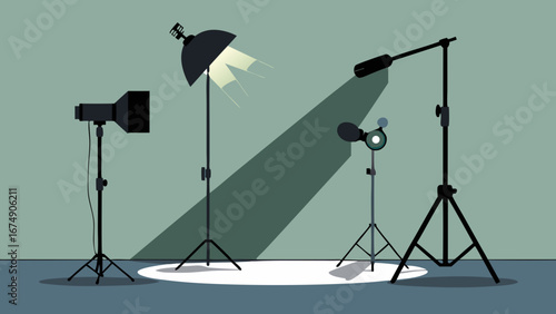 Professional studio lighting setup with multiple light stands, umbrellas, and reflectors. A stylized vector graphic of a production set for photography, film, video, or broadcast industry themes.