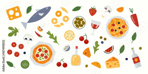 A vibrant flat lay of delicious food and drink items including pasta pizza fish cheese and fruit
