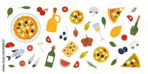 A colorful flat lay illustration of italian food ingredients and dishes with pizza and wine