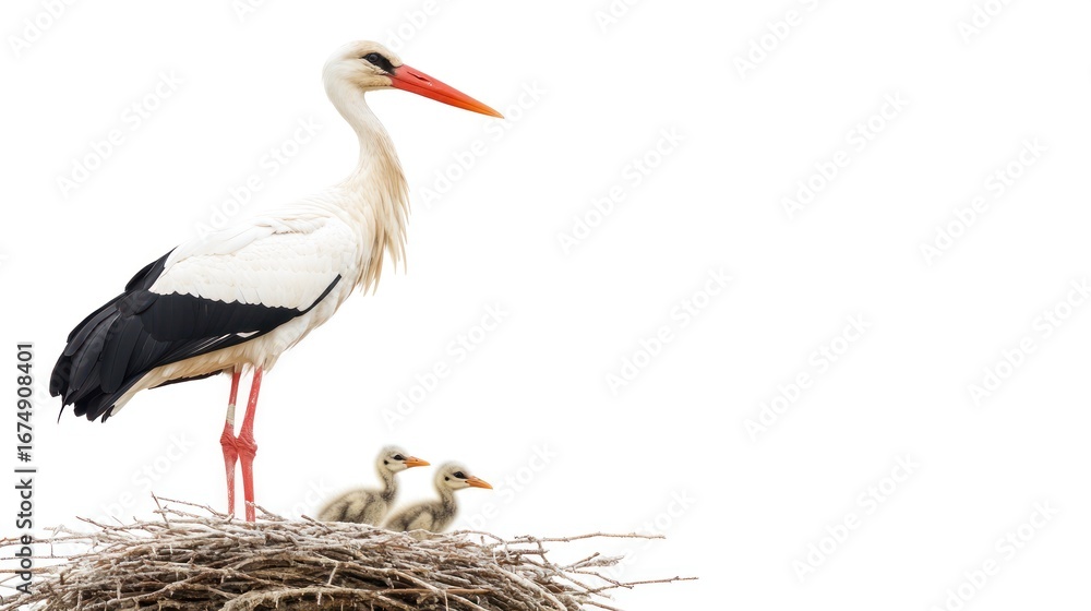 Fototapeta premium Stork and chicks in nest on white background
