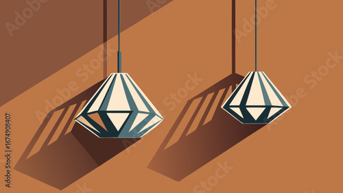 Mid-century modern illustration of two geometric pendant lights with diamond shades, casting long, stylized shadows against a warm-toned wall. Represents minimalist decor.